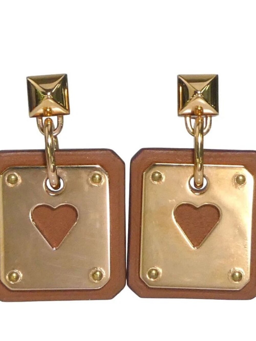 Auth HERMES As de Coeur Pierce Earrings Pink Gold/Brown Metal/Leather - e60607g - Picture 1 of 10